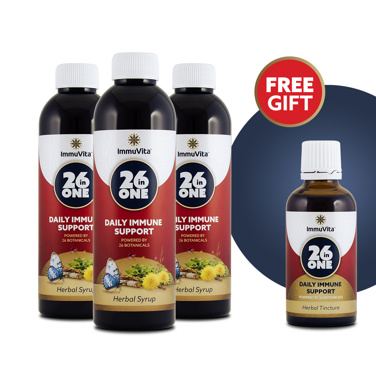 Three tall ImmuVita 2 in 1 Daily Immune Support herbal syrup bottles with a smaller side bottle and a red 'Free Gift' badge in the background.