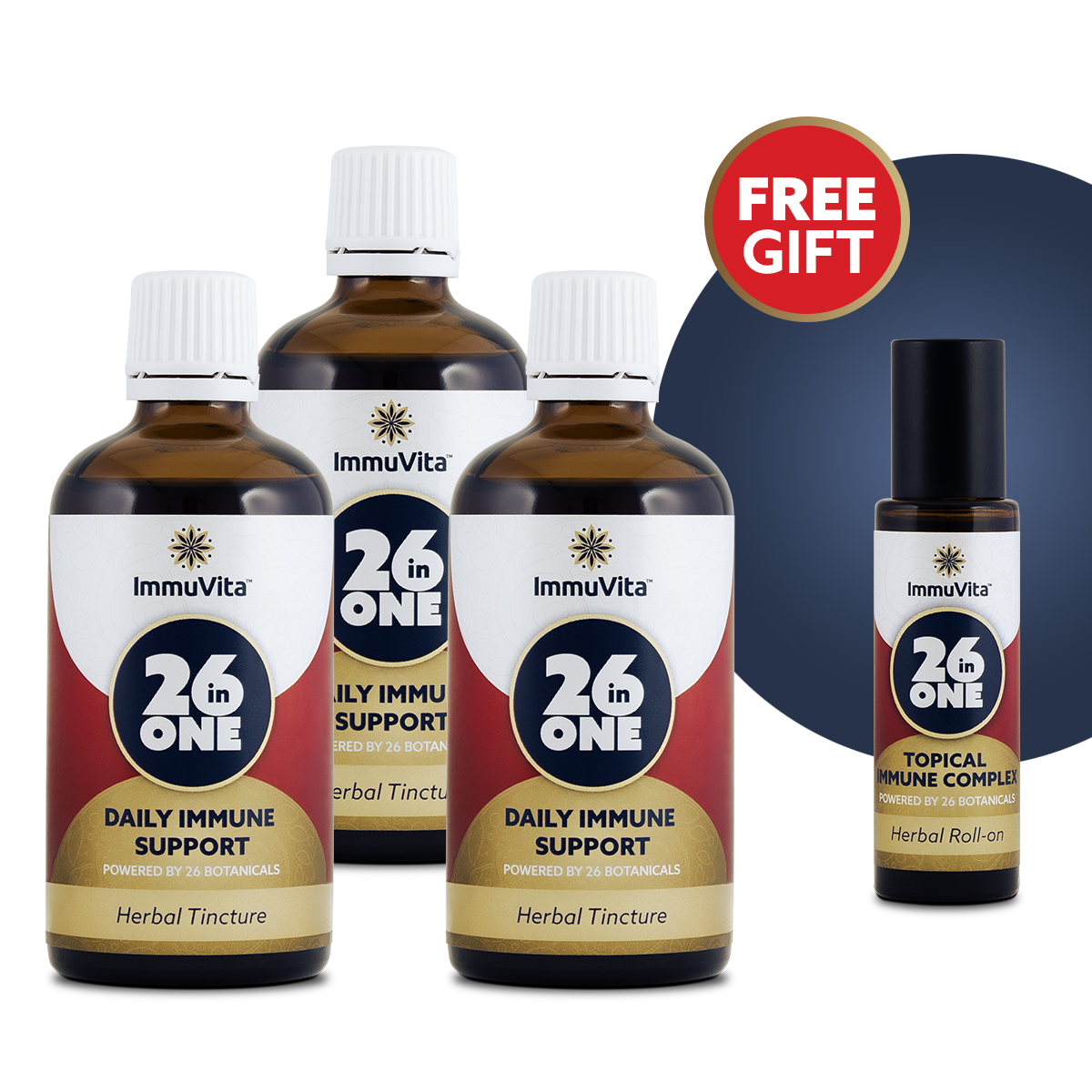 Three ImmuVita 2in1 daily immune support herbal tincture bottles with a 'Free Gift' badge in the background edge design.